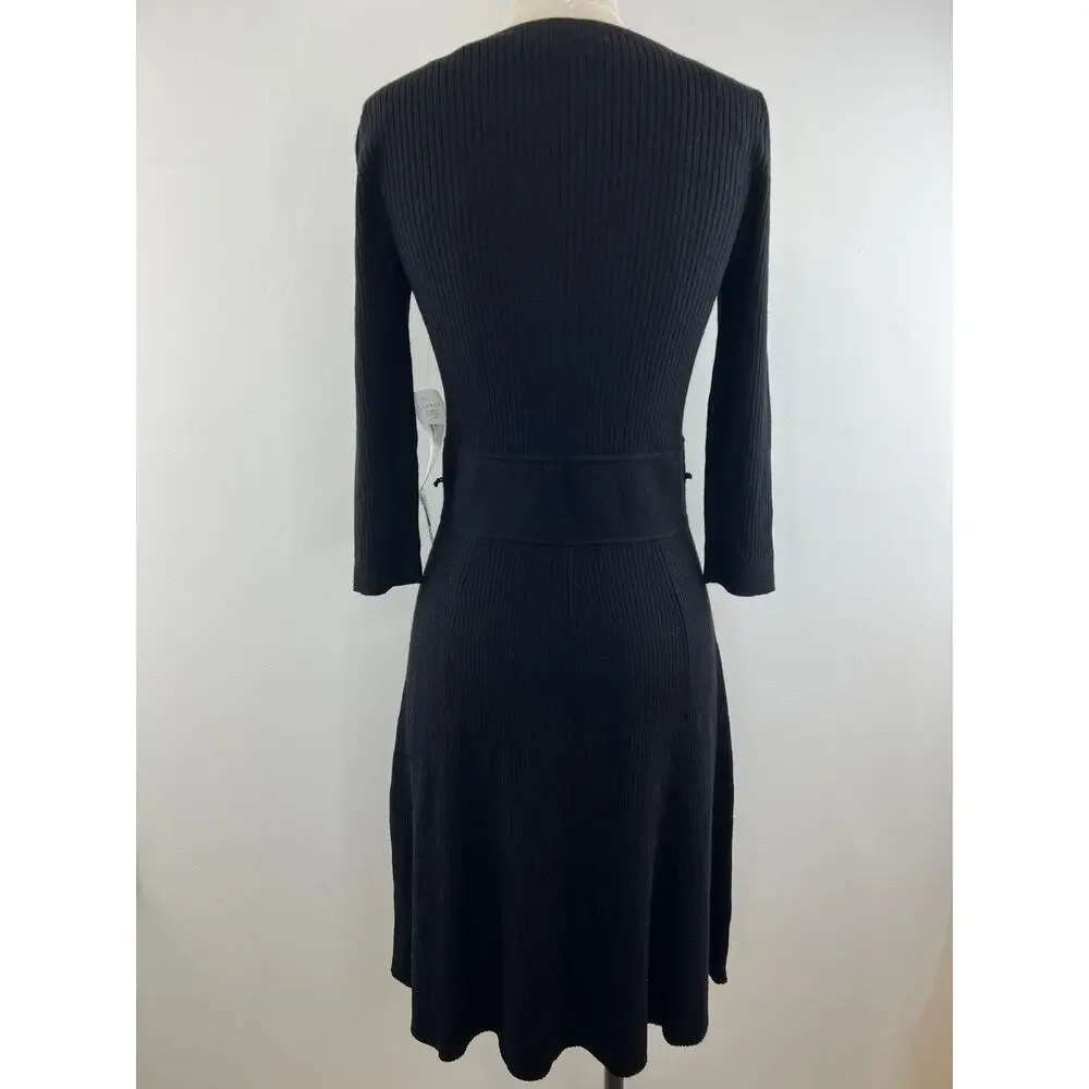 Lauren Ralph Lauren Black Merino Wool Ribbed 3/4 Sleeve Sweater Dress Sz PM NEW